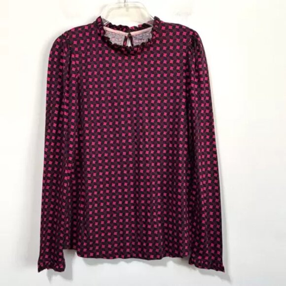 NWT Boden Pink Supersoft Frill Detail Top 8 Long Sleeve Vibrant Pink Abstract - Picture 2 of 6